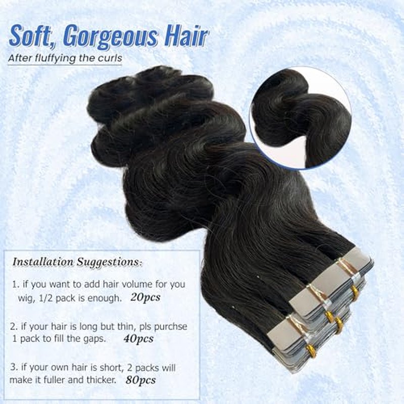 Long Curly Tape in Hair Extensions Natural Color 22 Inch Body Wave Tape in Human Hair Extensions 40PCS 100G Thick and Full Invisible Tape ins Body Wave Real Remy Human Hair Pieces Black