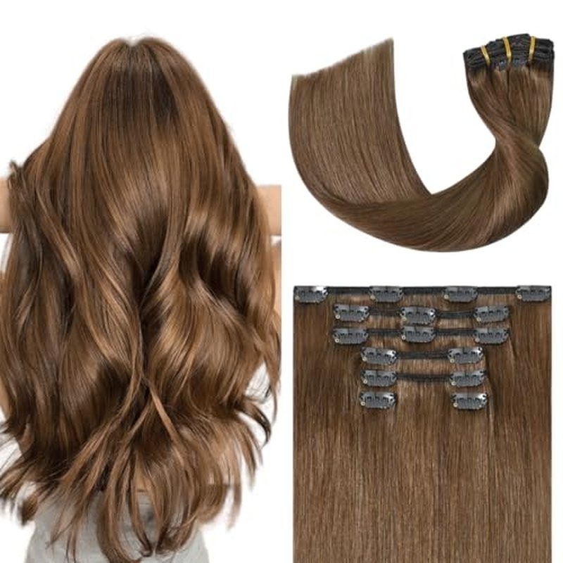 Light Brown Hair Extensions Clip in Human Hair 18 Inch 120g 7pcs Remy Hair Silky Straight 16clips One Pack for Women #6 Chestnut Brown Hair Extensions
