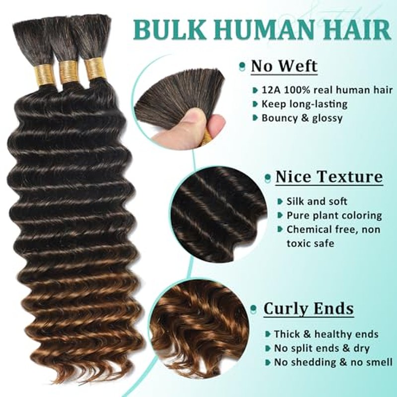 Ombre Human Braiding Hair for Boho Braids 24 Inch 120g Deep Wave Bulk Boho Human Hair for Braiding Curly Knotless Bohemian Braids 12A 100% Brazilian Virgin No Weft Extensions 3 Bundles/Pack T1B/30