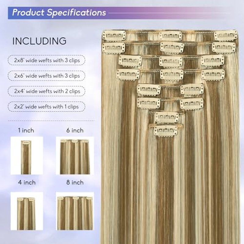 Blonde Clip in Hair Extensions Real Human Hair, 24 Inch 120g Natural Human Hair, Remy Human Hair Extensions Cip ins for Women 8pcs Per Set #16/22 Light Blonde Highlighted Golden Blonde