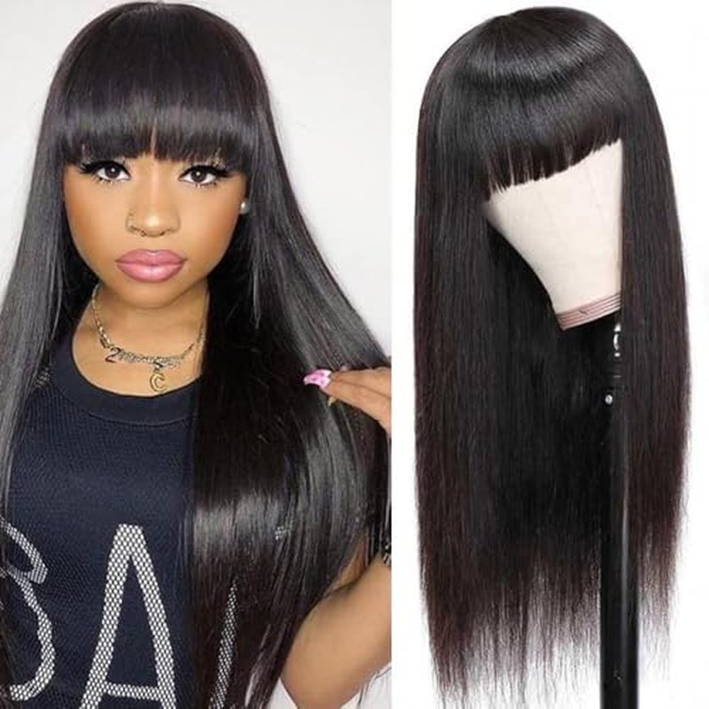 Straight Wigs Human Hair with Bangs 180% Density Brazilian Virgin Human Hair Wigs Glueless Machine Made Wigs for Women None Lace Front Wigs Natural Color 20 Inch