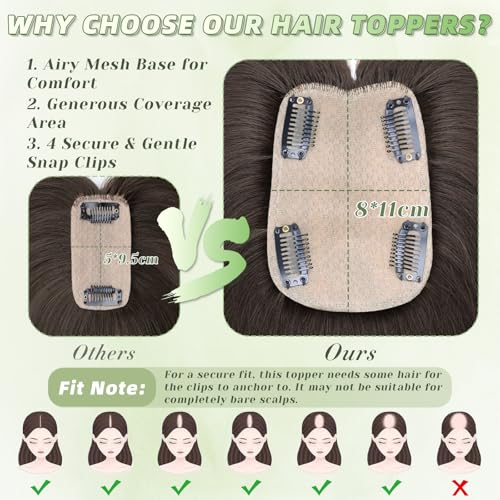 MOSINA Human Hair Toppers for Women Real Human Hair Toppers Hair Pieces for women 3.2" x 4.5" Silk Base Real Hair Toppers for Women with Thinning Hair(Brown Black)