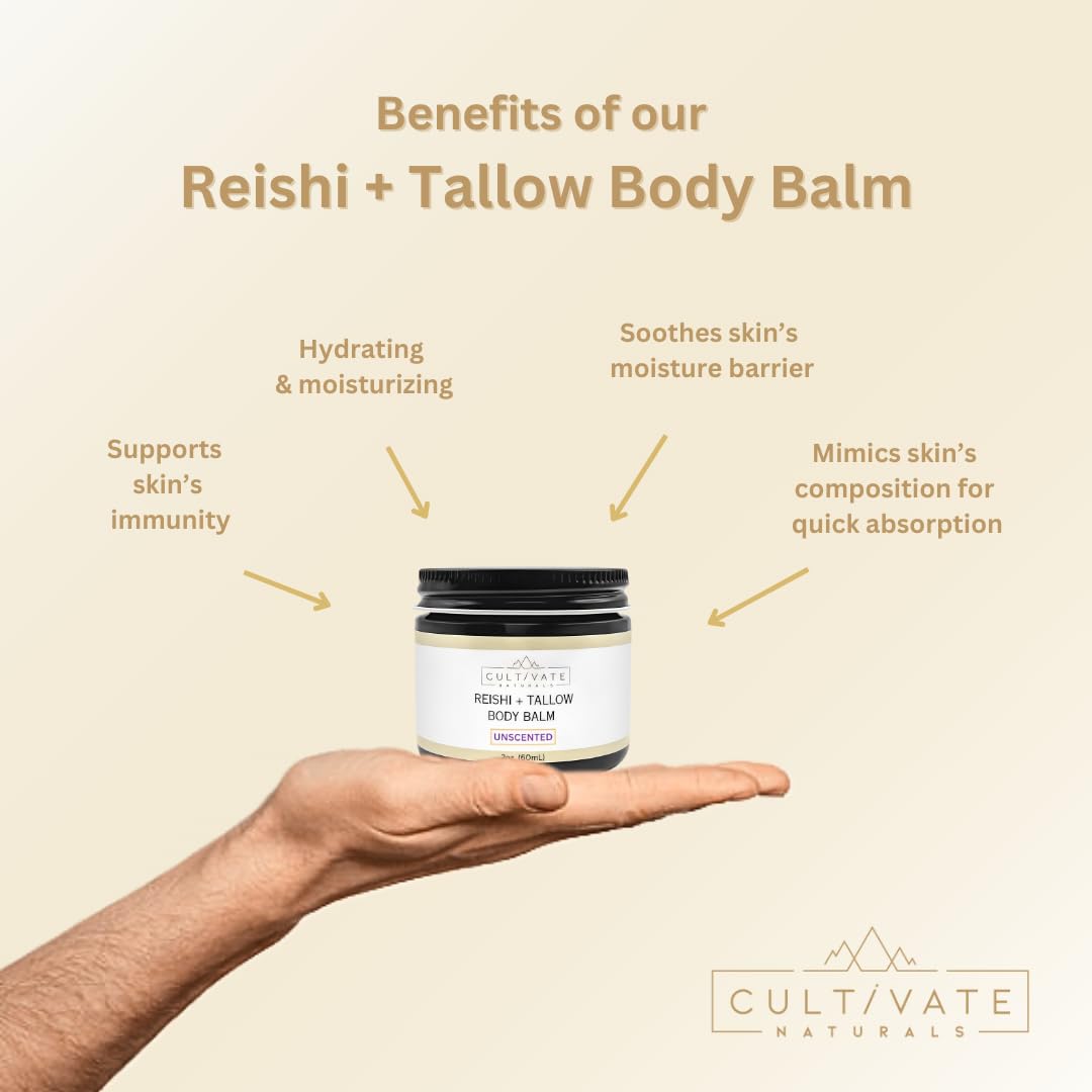 Reishi Tallow Body Balm - Unscented (2 oz) | Grass Fed Beef Tallow - Non-toxic, Paleo Friendly Skincare | Infused with Reishi Spore Extract | Moisturizing & Hydrating for Sensitive Skin