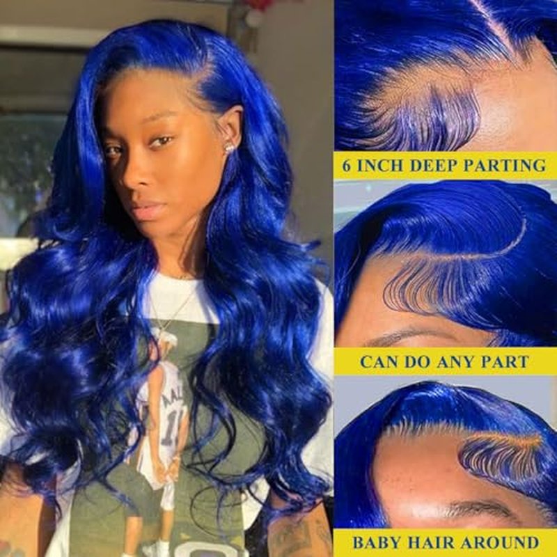 Blue 9x6 Body Wave Lace Front Wigs Human Hair Pre Plucked With Baby Hair 200% Density Dark Blue Human Hair Pre Cut For Women HD Transparent Lace Frontal Colored Wigs 20 Inch