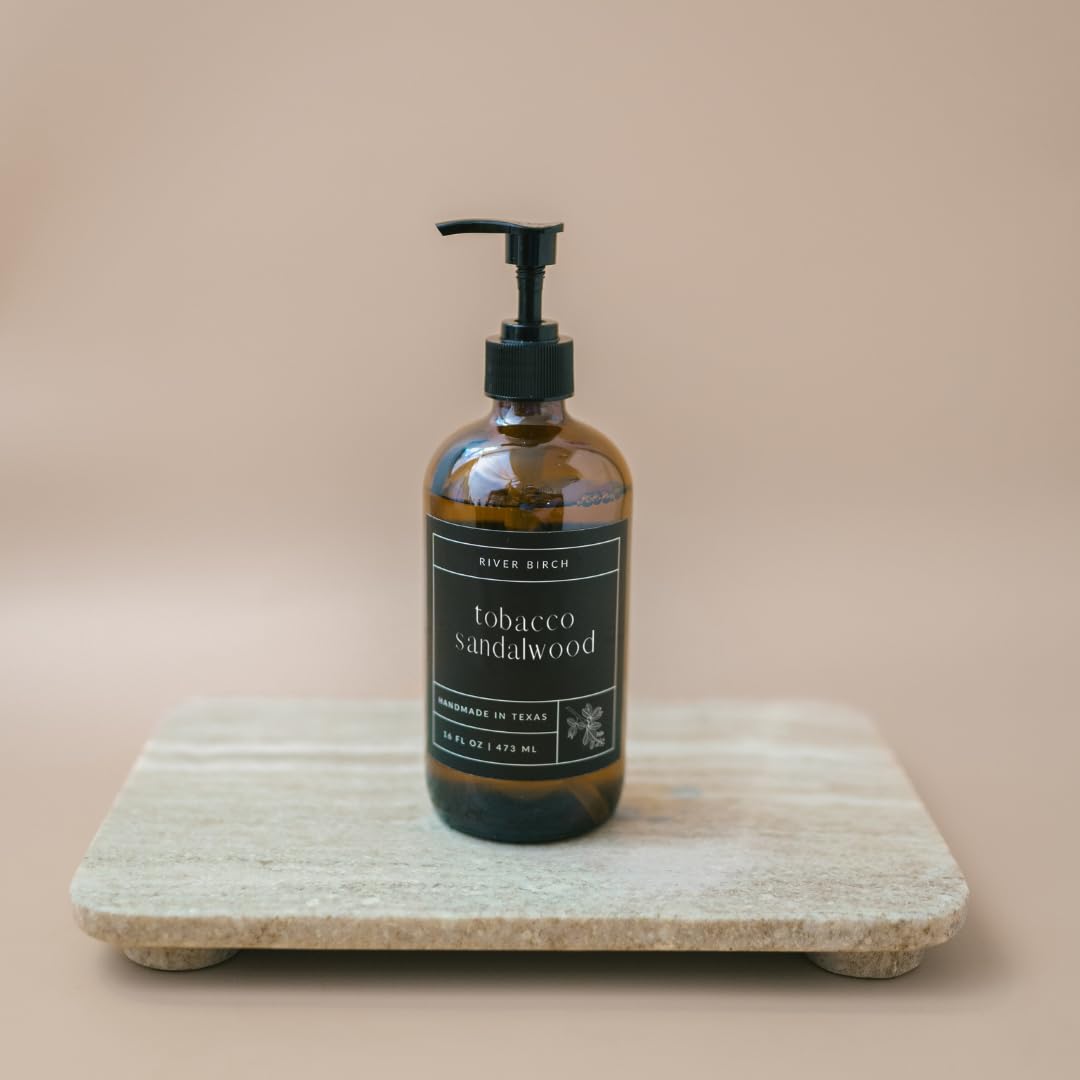 River Birch Tobacco Sandalwood Scented Natural Hand Soap - Handmade Soap - Moisturizing Hand Wash with Amber Glass Dispenser - Luxury Scented Hydrating Hand Soap - Vegan and Non-Toxic - 16 Fl Oz