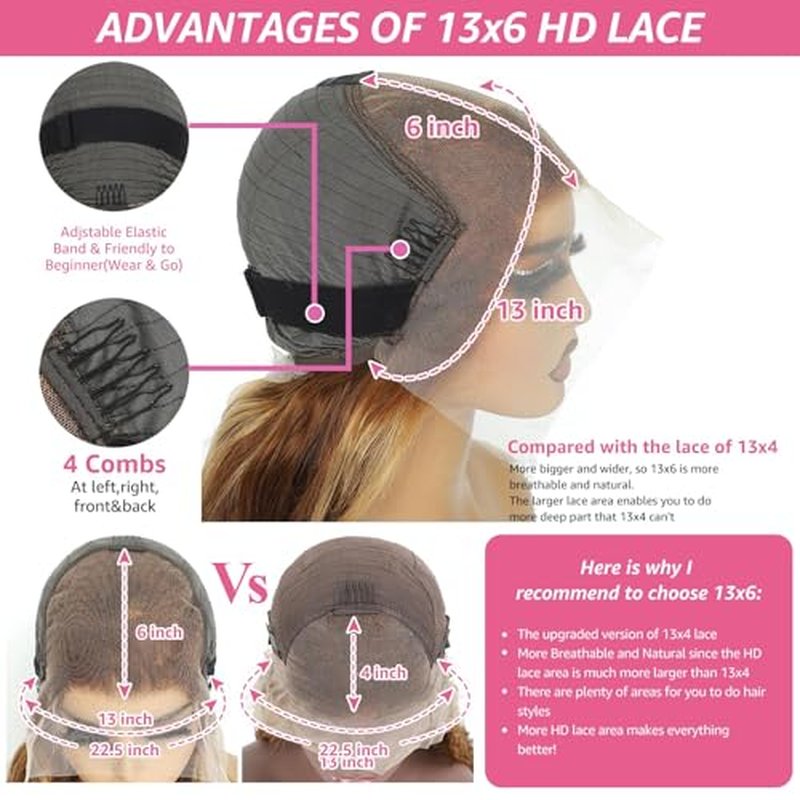 30 Inch Honey Blonde Wig Human Hair 200 Density Ombre 13x6 HD Lace Front Wigs Human Hair Body Wave Lace Front Wig Pre Plucked Glueless Highlight Frontal Wigs Human Hair for Women