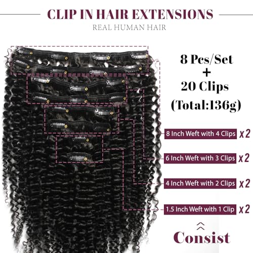 KRN Clip in Real Human Hair, 136g 8pcs Natural Black Hair Extensions Clip ins for Black Women Full And Thick Kinky Curly Clip in Human Hair Extensions 20 Clips Easy to Wear 16 Inch