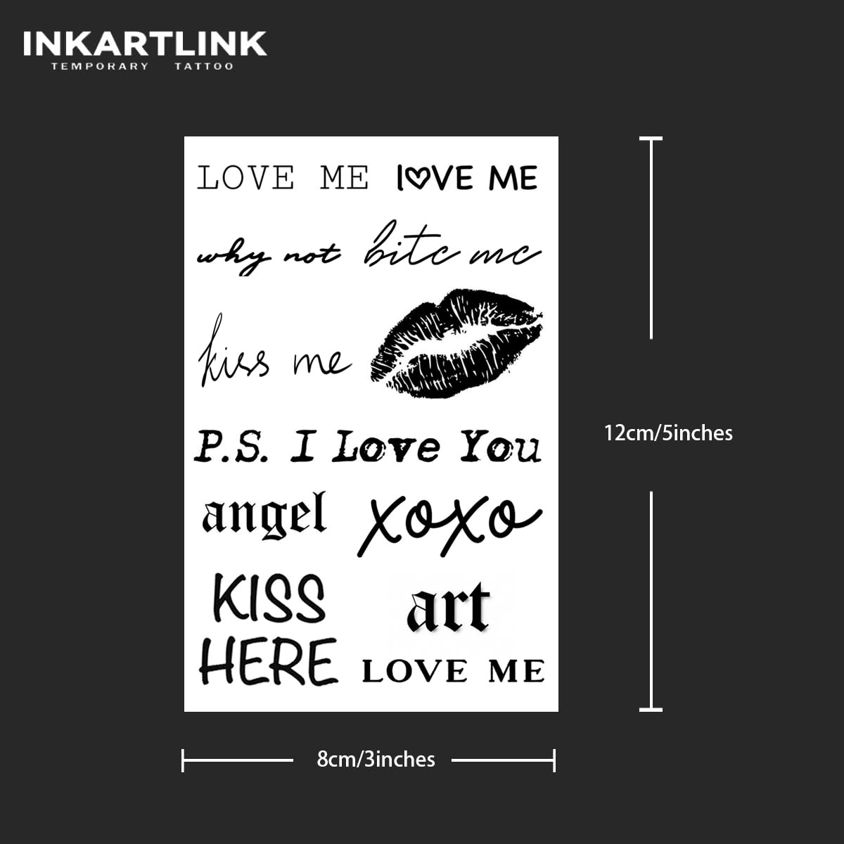 INKARTLINK Temporary Tattoos, 2 Sheets Medium Semi Permanent Tattoo, Adult Art Design Temporary Tattoos, Lasts 1-2 Weeks, Waterproof, Realistic Look, No Adhesive, No Reflection (Love me)