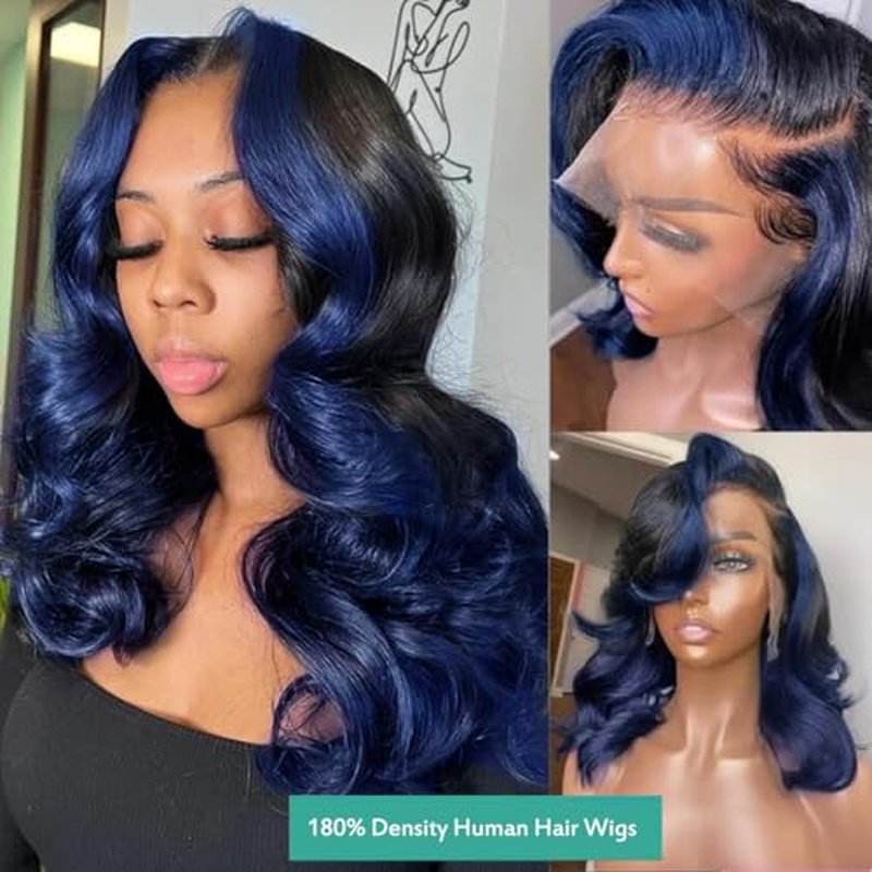 YMS Blue Lace Front Wig Human Hair 180% Density Dark Blue Real Hair Wigs for Women Bleached Knots Ombre Glueless Wigs Pre Plucked with Baby Hair 18 Inch Body Wave Colored 13x4 Lace Frontal Wig