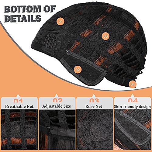 Black Mixed Brown Wig for Black Women 14 Inch Short Wavy Hair Wigs Curly Bob Wig with Bangs Wigs Shoulder Length Wigs for Black Women Bob Style Synthetic Heat Resistant