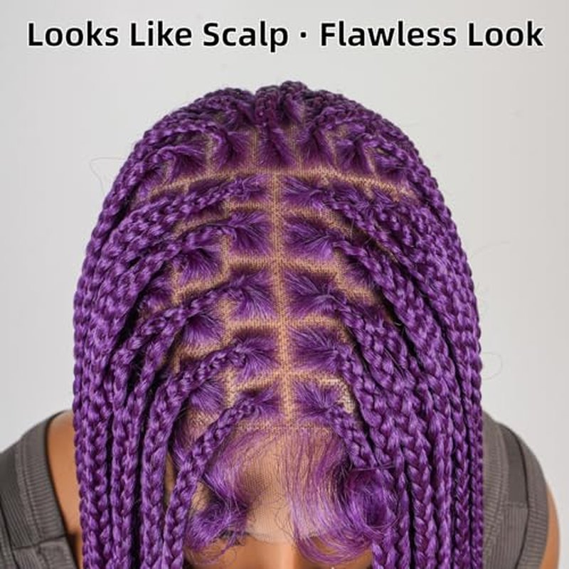 YMSGlRL 36 Inch Purple Knotless Braided Wigs for Women Box Braided Full Lace Premium Synthetic Wig with Baby Hair Long Box Braid Wig with Natural Hairline Look