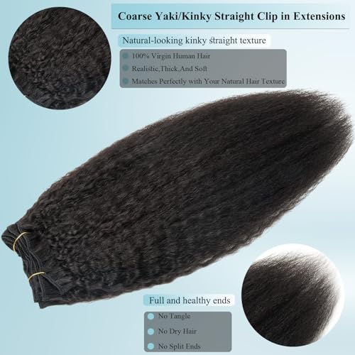 16 Inch Yaki Straight Clip in Hair Extensions Real Human Hair for Black Women 90g/8pcs Double Weft 10A Brazilian Kinky Straight Clip ins 100% Virgin Human Hair Clip in Extensions Natural Black