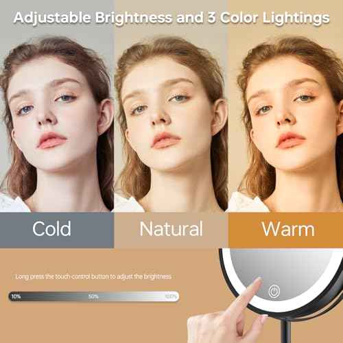 Folding Travel Makeup Mirror with Lights and Magnification,7¡± Double Sided 1X/10X Lighted Magnifying Mirror with Rechargeable Battery,Brightness Adjustable,3 Color Lighting, Black
