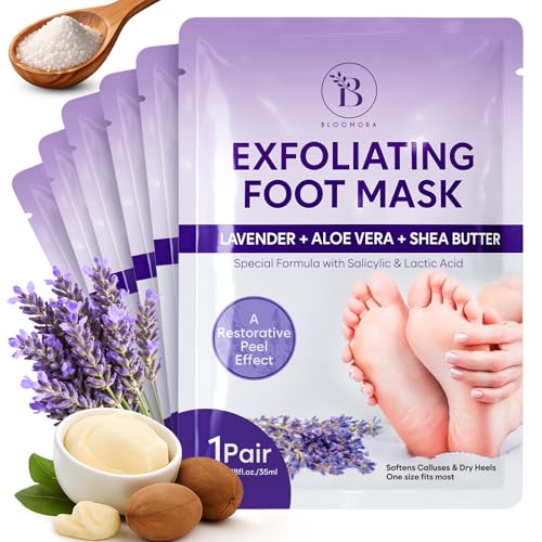 Foot Peeling Mask (6 pairs) Exfoliating Foot Mask for Dry Cracked Feet with Lavender & Shea Butter, Dead Skin & Callus Remover for Feet, Exfoliating Socks for Women & Men, One Size Fits Most