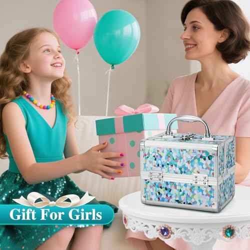 FRENESSA Makeup Case Train Case Portable Kids Makeup Box with Mirror Lock Box Travel Cosmetic Train Cases Hard Makeup Organizer for Girls Nail Craft Storage Vanity Mosaic Puzzle