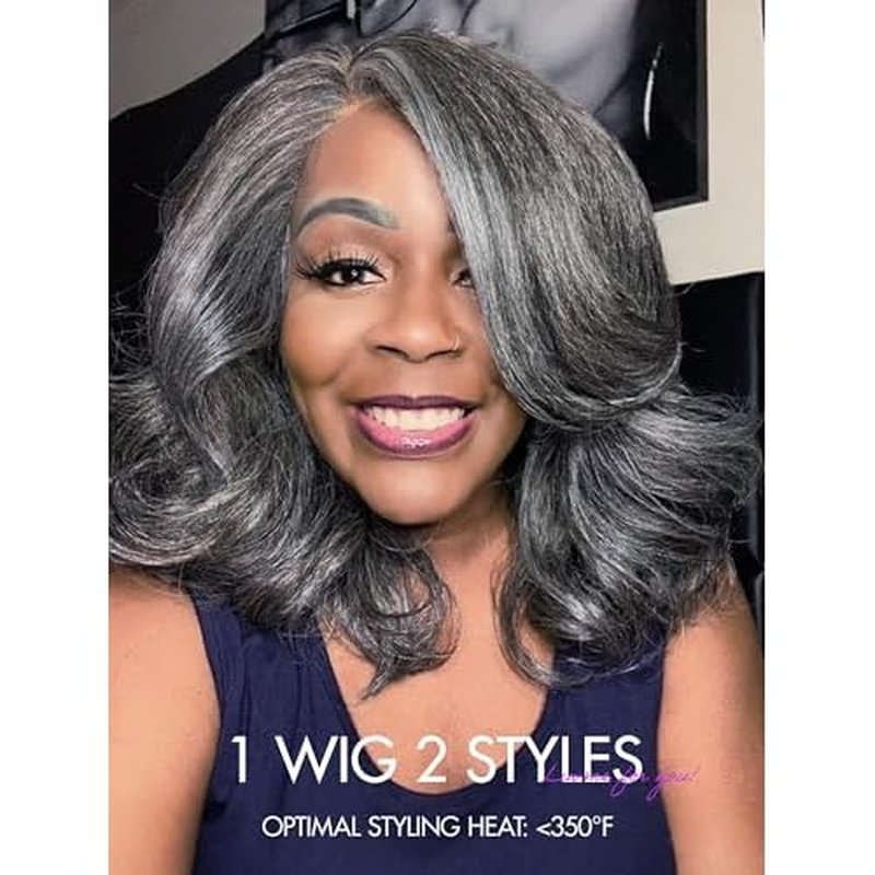 LUVME HAIR 14 Inch Grey Salt & Pepper Silky Straight Wig Human Hair Glueless HD Lace Bob Wig with Mix Grey Color, pre plucked pre cut Lace Ready to Go Wigs For Women