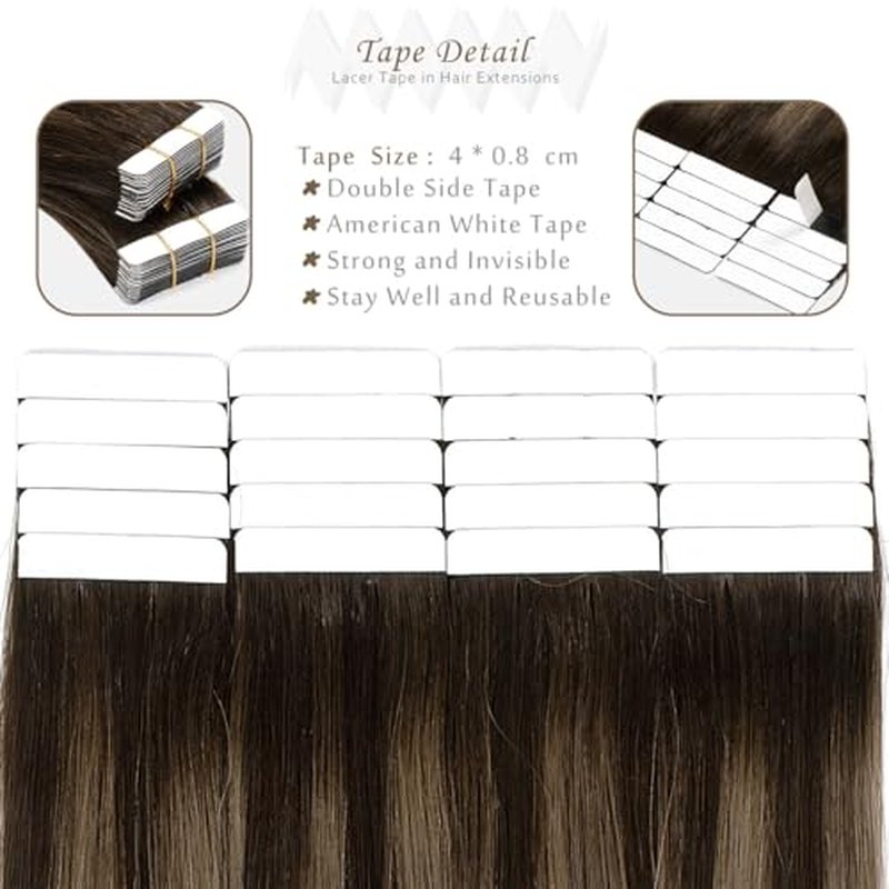 Lacer Human Hair Tape In Extensions 18inch Dark Brown Tape In Hair Extensions Straight Human Hair Chestnut Brown Highlight 100G 40pcs Thick Ends Piece For Invisible Seamless Human Hair Tape In