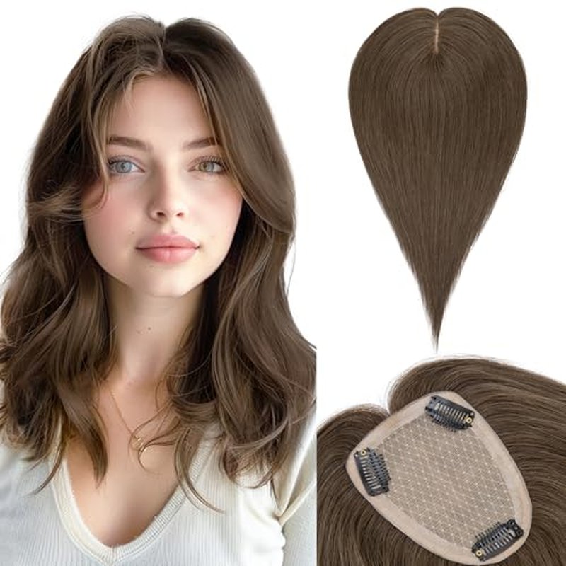 SEGO Real Human Hair Toppers for Women - Large Full Silk Base, 9 * 14 cm, Clip In Topper, 150% Density, No Bangs, 10 Inch #2Y Dark Smoky Brown