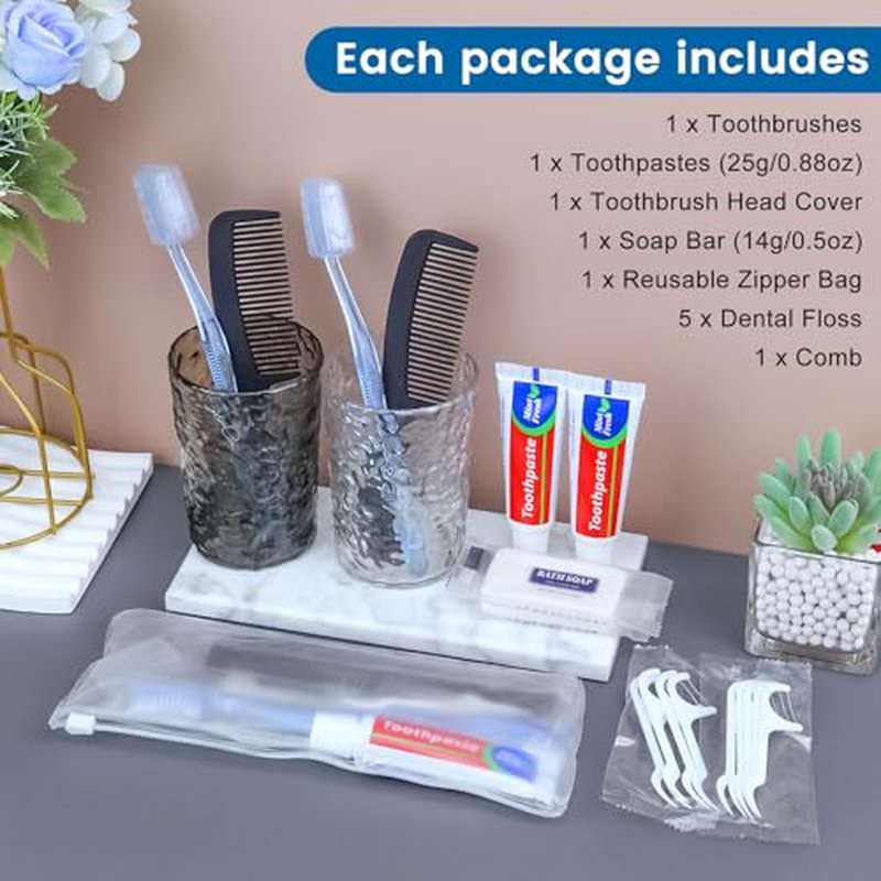 25 Sets Personal Hygiene Kit, Disposable Toothbrushes with Toothpaste Floss Comb Soap and Cover, Toiletry Kits Homeless Bulk for Women,Men,Travel