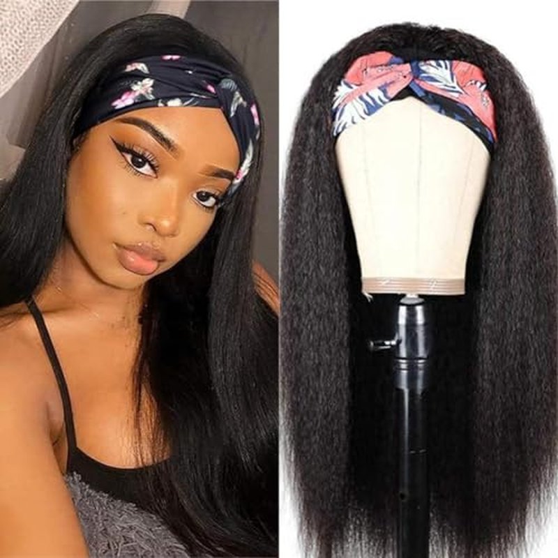 Headband Wigs Human Hair 180% Density 12A Kinky Straight Human Hair Headband Wigs For Black Women Yaki Straight Human with Headband Attached Half Wig Natural Black Color 20 Inch