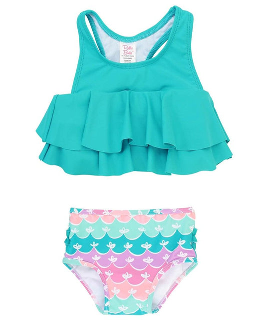 RuffleButts Girls UPF50+ Sun Protection Flounce Bikini Two Piece Swimsuit - Mermaid, 6-12m