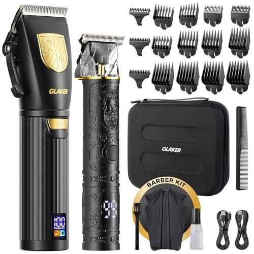 GLAKER Hair Clippers for Men,Professional Mens Hair Clippers Cordless Clippers for Hair Cutting,Precision Trimmer Kit Zero Gap Trimmer with LED Display 15 Guide Combs (Black+Gold)