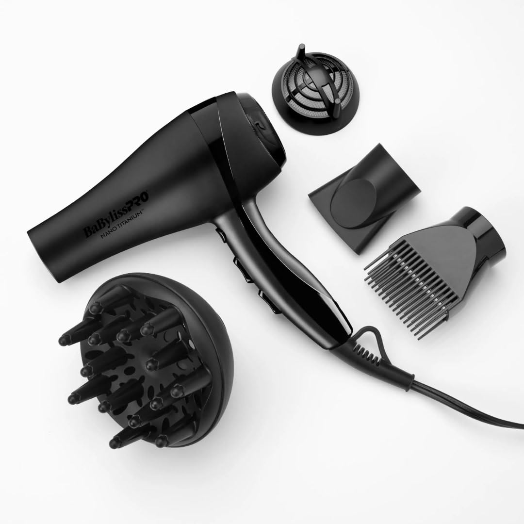 BaBylissPRO Nano Titanium Blow Dryer - 2000-Watt Ionic Styling Tool with Concentrator Nozzle