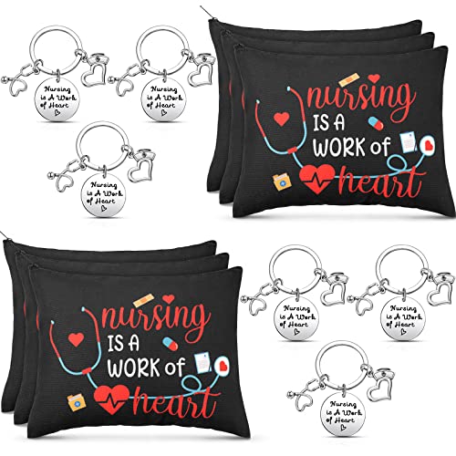Yinkin 12 Pcs Nurse Appreciation Gift Set 6 Nurse Makeup Bags 6 Appreciation Keychains Christmas Gift for Women(Novel Style)