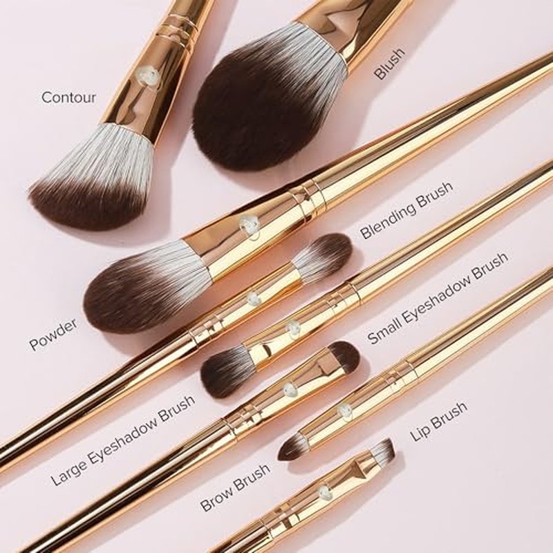 Delbar Gold Makeup Brushes by Lady of Eshgh | 8pc Full Face Makeup Brush Set with Travel Bag | Professional Make Up Brushes | Cruelty Free, Natural Hair-Like Bristles