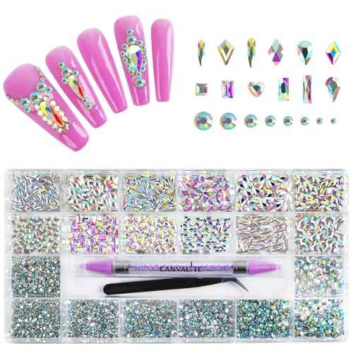 Canvalite 12 Types of 600Pcs Crystal Nail Charms & 5710Pcs Rhinestones for Nails Diamonds for DIY Crafts Flat Back Resin Rhinestones Transparent AB Gemstones Set with Drill Pen & Tweezer
