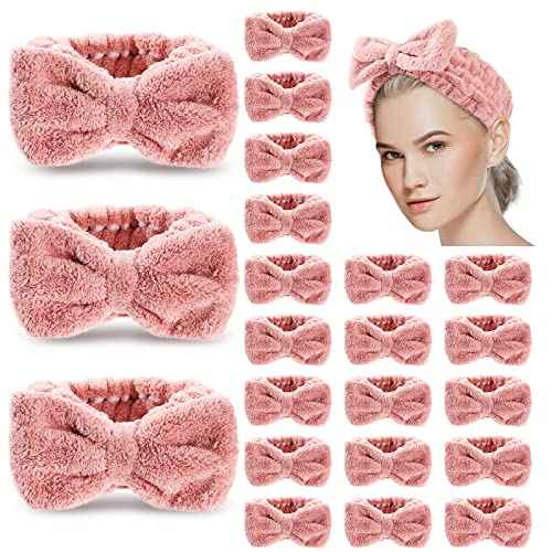 Yunlly 20 Pcs Spa Headband for Women 4 Inches Width Facial Makeup Hair Band Bulk Skincare Headbands for Washing Face Bowtie Slumber Party Supplies Fluffy Head Wraps(Rose Pink)