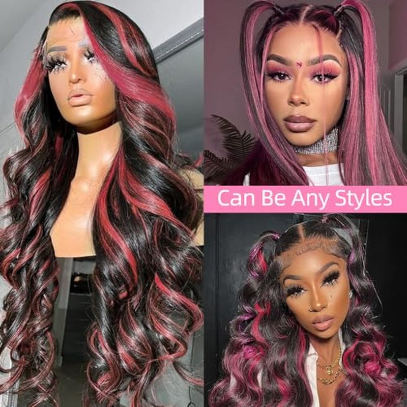 Avolo Highlight Ombre Lace Front Wig Human Hair 13x4 Body Wave 1B/Pink Colored Lace Front Wig Human Hair Pre Plucked With Baby Hair Black And Pink Wig Human Hair 180% Density 24 Inch Skunk Stripe Wig