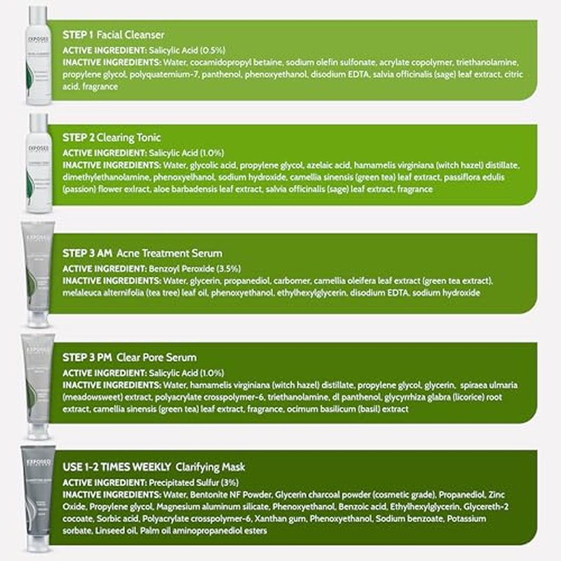 Exposed Skin Care, Acne Treatment Kit with 2.5% Salicylic Acid and 3.5% Benzoyl Peroxide to Clear Up Teen, Adult, Hormonal and Cystic Acne ? Natural, Non-toxic and Cruelty Free