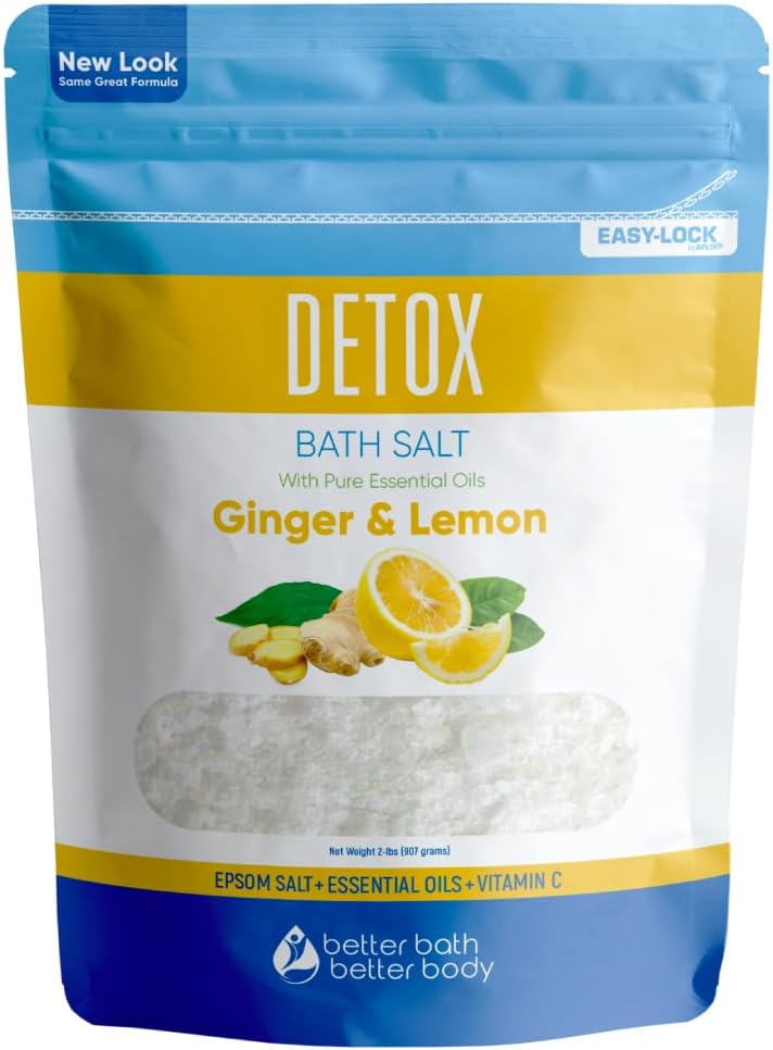 Detox Bath Salt - 32 Ounces USP Grade Epsom Salt with Ginger & Lemon Oils | Vitamin C Infused, BPA-Free Pouch