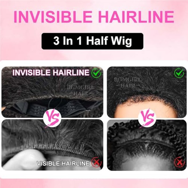 BGM GIRL Half Wig Human Hair Water Wave 3 in 1 Wigs Beginner Friendly Flip Over Drawstring Glueless Wig Ready to Go Seamless Clip in Wigs Natural Black Color 16 Inch