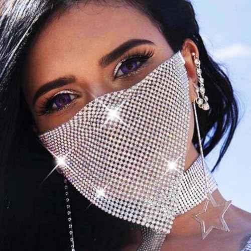 Sparkly Crystal Face Mask Bling Rhinestone Mesh Mask Sexy Nightclub Mouth Covered for Women and Girls