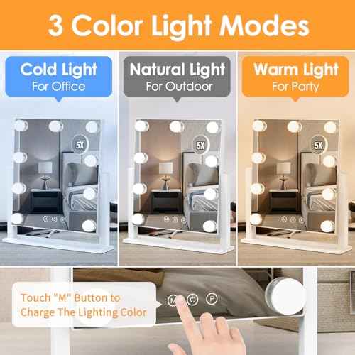 Vanity Mirror with Lights, Hollywood Lighted Makeup Mirror with 3 Color Lighting Modes and 9 Dimmable Bulbs, Detachable 5X Magnification, Smart Touch Control, 360¡ÆRotation, White