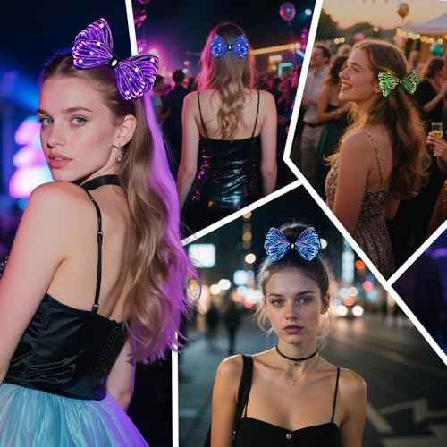 LED Bow Hair Clips 7 Colors Light up Hair Accessories Rhinestone Rave Clips Cute Headpiece Glow Hair Barrettes for Women