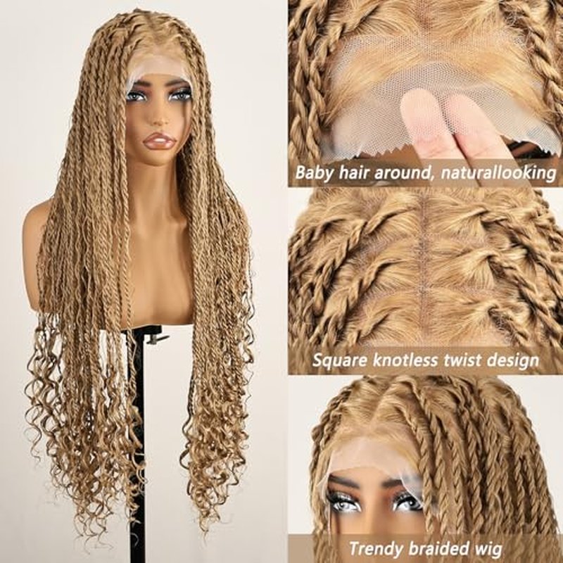 30 Inch Boho Braided Wigs for Black Women Knotless Boho island Twist Wig Single Full Lace Square Box Honey Blonde Braids Wig Pre Plucked with Baby Hair Beginner Friendly