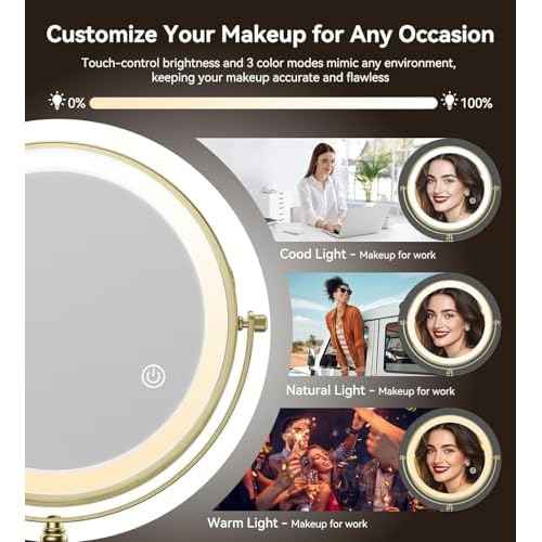 Matekxy 8" Lighted Makeup Mirror with Magnification - 1X/10X Magnifying Desk Mirror with Rechargeable LED Lights, 3 Colors Dimmable Tabletop Mirror, Brass Gold