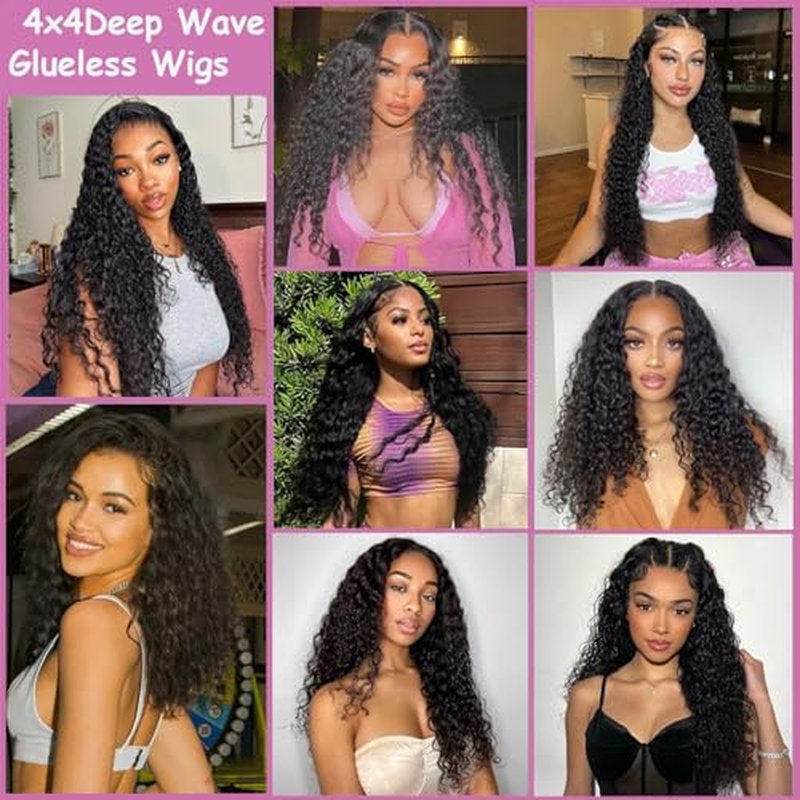 Glueless Wigs Human Hair Pre Plucked Pre Cut Deep Wave Lace Front Wigs 4x4 Closure Wigs 150% Density Natural Black Color (26 Inch)
