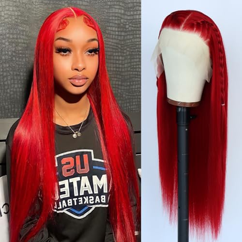 13x6 Red Synthetic Lace Front Wigs Long Straight Hair Red Color Wigs Pre Plucked Wig Natural Hairline Glueless Lace Wigs Heat Resistant Fiber Hair Synthetic Lace Front Wigs for Women Daily Use