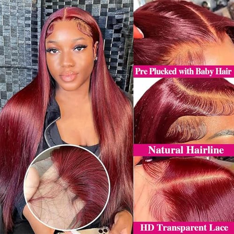 99j Burgundy 13x6 HD Lace Front Wigs Human Hair 24inch Straight Human Hair Wigs HD Lace Frontal Wigs for Black Women 250% Density Glueless Wigs Human Hair Pre Plucked Pre Cut With Baby Hair