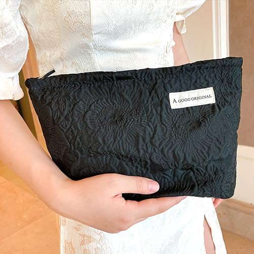 Makeup Bag Cosmetic bag Preppy Embroidery Canvas Toiletry Bag for women Cute zipper pouch Organizer Travel accessories (Pure Black Embossing, Large)