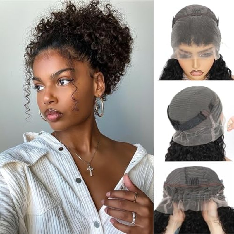 Hidden Strap 360 Lace Front Wigs Human Hair Deep Wave Lace Front GluelessWigs Human Hair Pre Plucked with Drawstring 200% Density 360 Full Lace Frontal Wigs for Black Women 16 Inch