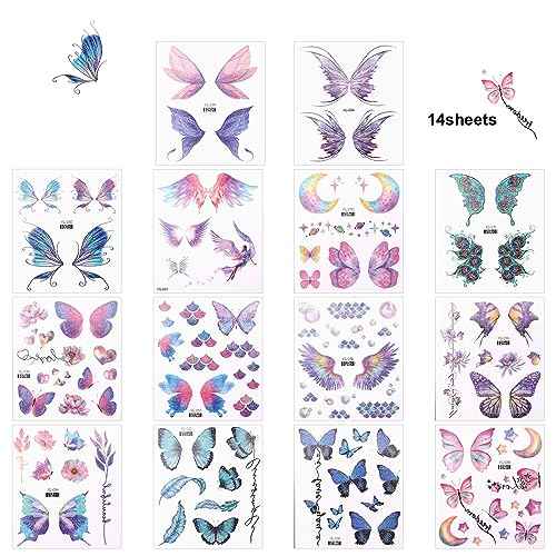 14 Sheets Glitter Butterfly Tattoos Temporary Stickers Waterproof Butterfly Face Tattoo Glitter Fairy Wings Makeup Fake Tattoos For Girls Fairy Princess Party Birthday Party Favor Gifts