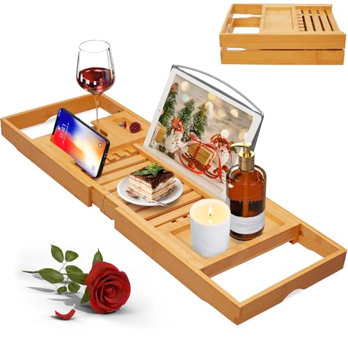 Artmalle Luxury Bathtub Caddy Tray for Tub - Foldable Bamboo Bath Table Tray with Book and Wine Glass Holder, Expandable Bathroom Accessories for Spa or Reading Lite Style