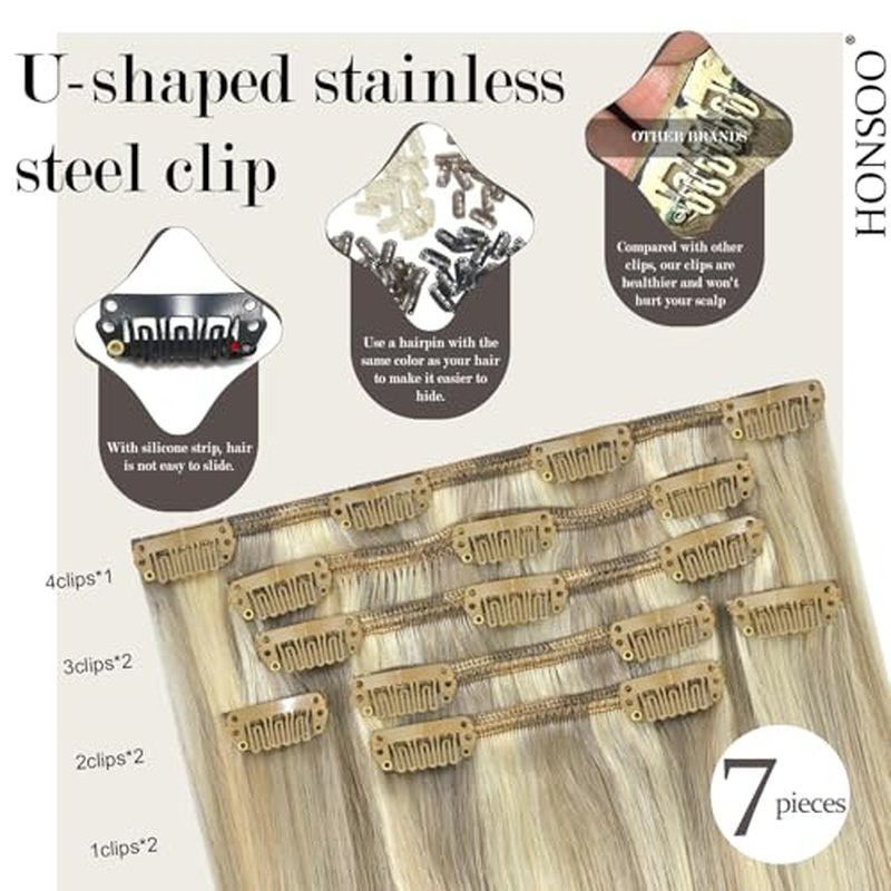 Honsoo Balayage Hair Extensions Real Human Hair Mixed Bleach Blonde 20in 100g 7pcs Clip In Hair Extensions Long Natural Straight Hair Like Your Own Hair