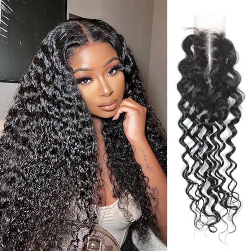 Water Wave Closure 20 Inch 2x6 HD Lace Closure Brazilian 12A Remy Human Hair Pre Plucked Transparent Lace Middle Part Wet and Wavy Closure with Baby Hair Natural Black Color Curly Extensions