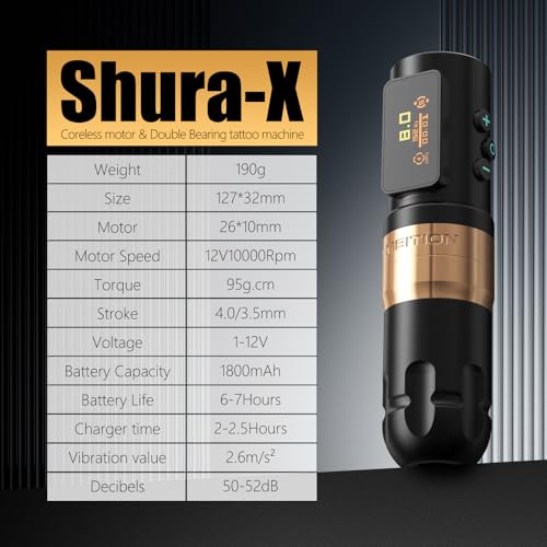 Ambition Shura-X Tattoo Machine with Advanced Stabilizing System Coreless Motor Tattoo Cartridge Pen Gun 1800mAh Power Supply for Professional Tattoo Artists